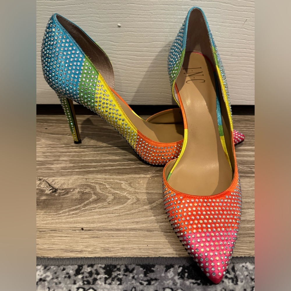INC International Concepts Women's Rainbow Rhinestone 4” Heels size 9